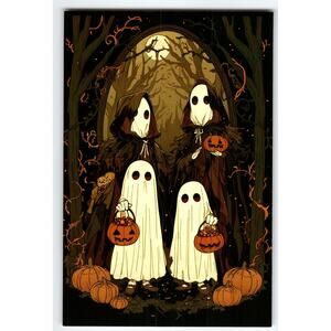 Vintage Halloween Postcard Ghosts with Pumpkin Buckets Photochrome 5.5x4